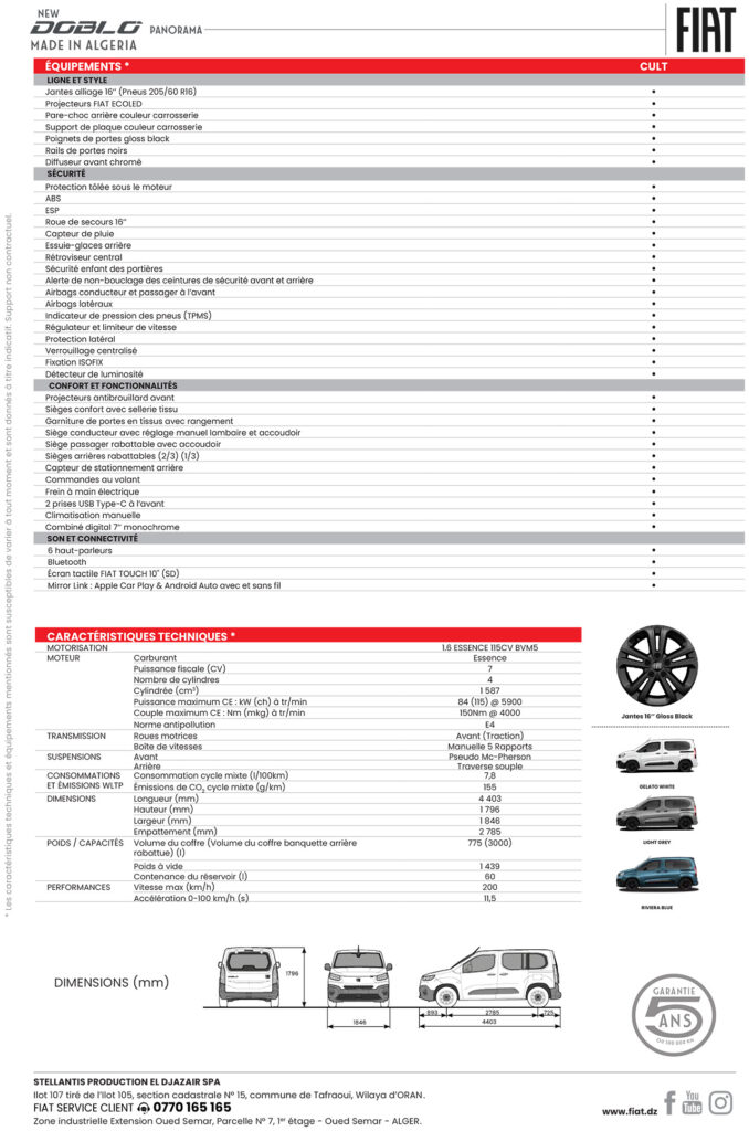 FIAT Doblo Panorama vitré made in Algérie - Fiche technique prix